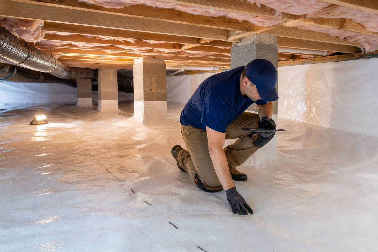 Contractor inspecting a clean encapsulated crawlspace