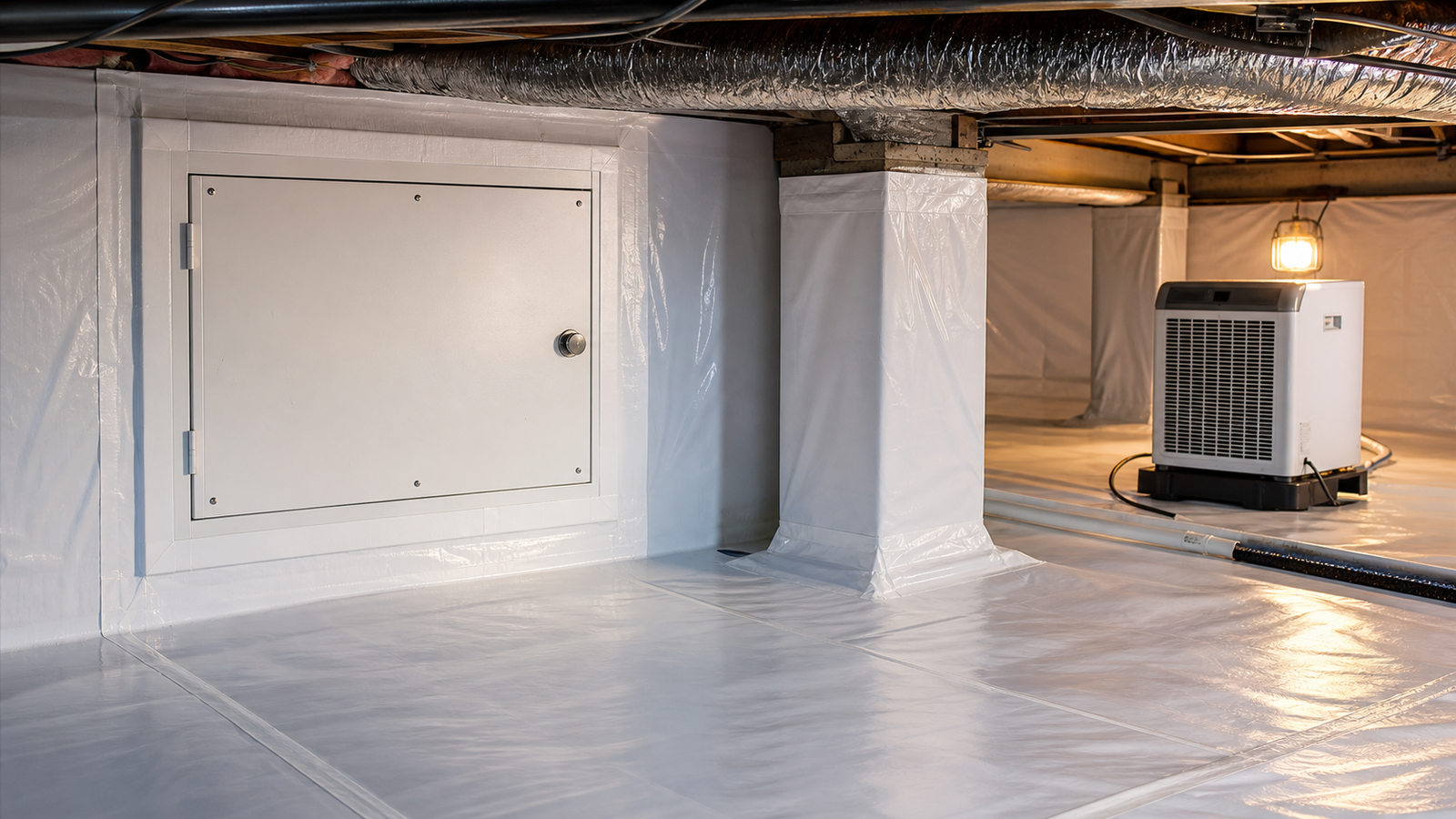 Crawl space access opening with a dehumidifier inside in Charleston, WV