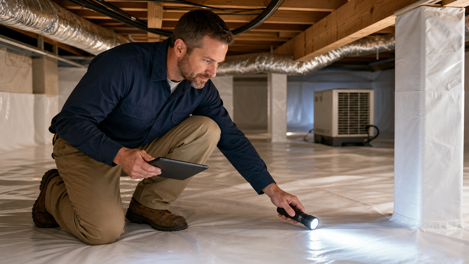 Crawl space technician inspecting a clean encapsulated area in Charleston, WV