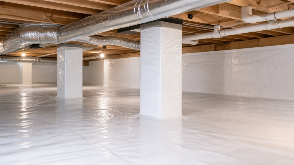 Wide view of a finished white crawl space encapsulation system in Charleston, WV