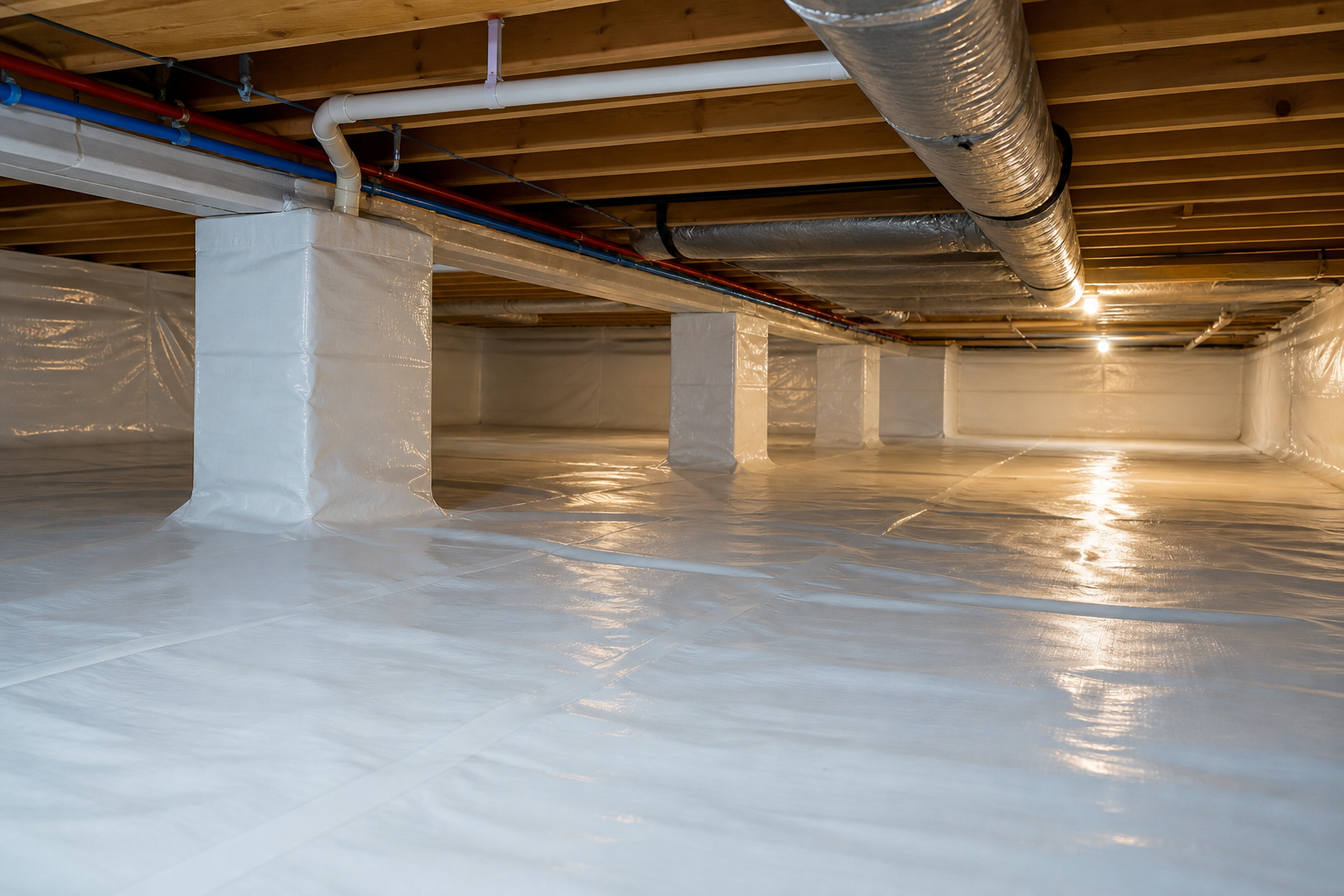 Finished crawl space encapsulation with sealed liner and wrapped piers in Charleston, WV